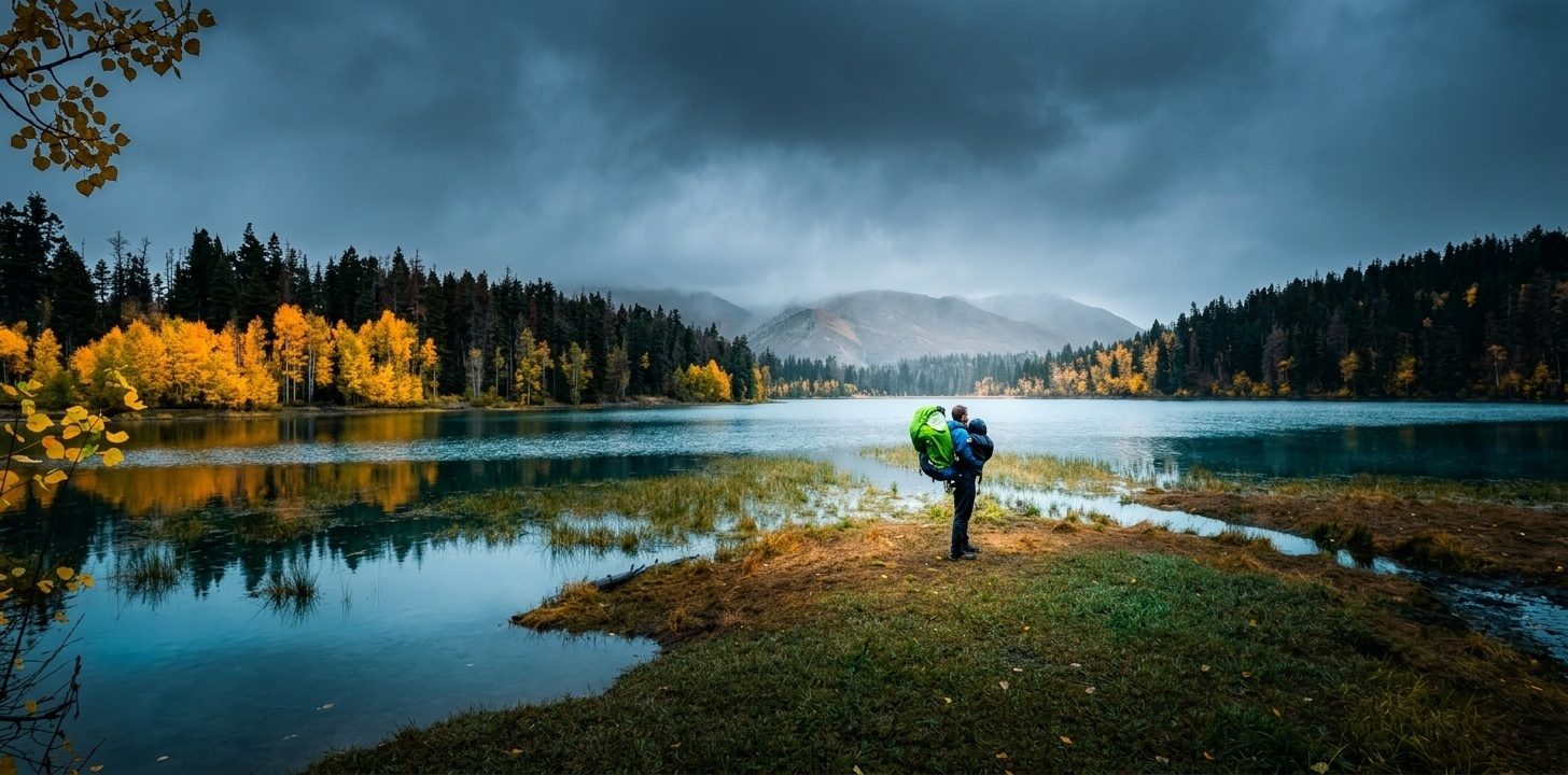 A saturated golden-hour landscape with dramatic clouds over a wilderness scene.